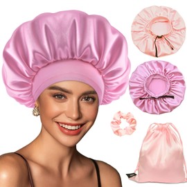 BONNET QUEEN Silk Bonnet for Sleeping Large Satin Bonnet Adjustable Hair Bonnet Elastic Wide Band Sleep Cap for Women Curly Hair(Jade+Dark Rose Gold, 4pcs Item Gift Pack)
