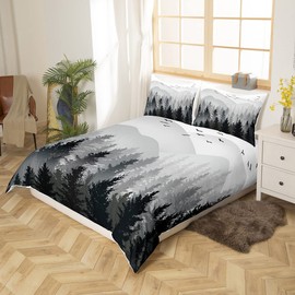 Kids Nature Bedding Set Black and White Tree Mountain Duvet Cover Full Size for Women Men Bedroom Natural Woodland Decor Comforter Cover Set Wild Style Bedspread Cover with 2 Pillow Case