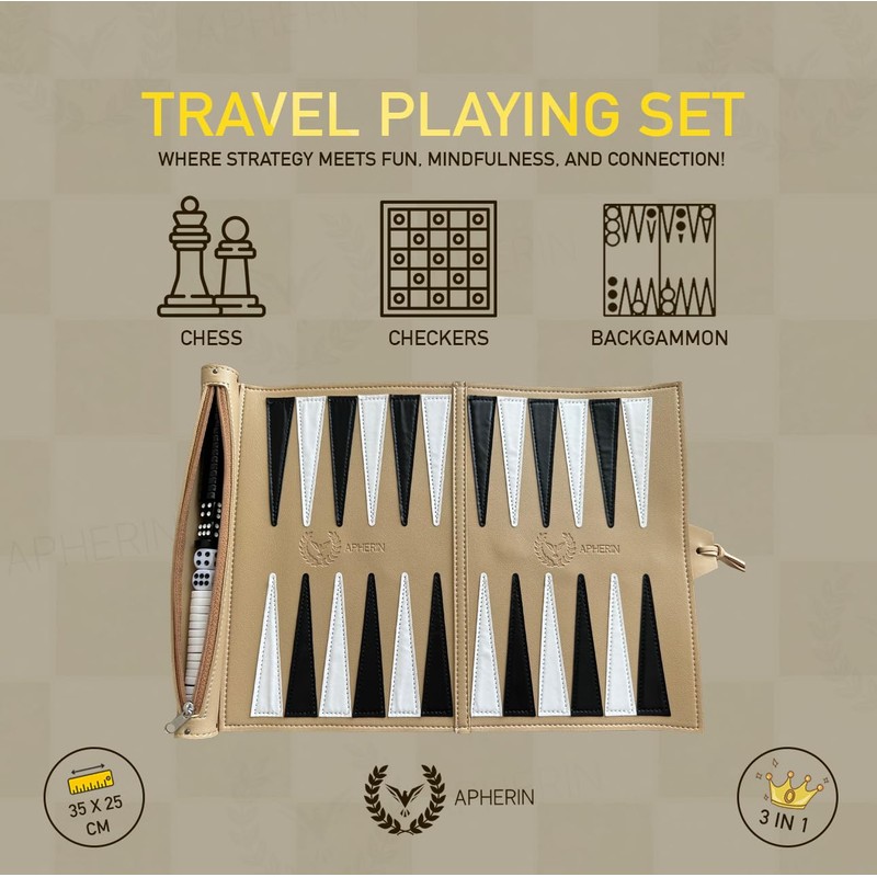 Apherin Rolling Travel Backgammon Chess Lady 3 in 1 -