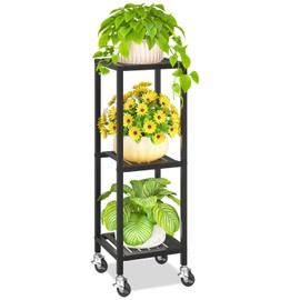 KMOTASUO 3 Tier Black Tall Plant Stand with Wheel for Indoor Outdoor, Heavy Duty Metal Multiple Large Planter Rack for Narrow Corner, Sturdy Iron Vertical Flower Holder for Modern House Patio Bathroom