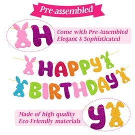 Easter's Birthday Decorations Happy Birthday Banner Glitter Colorful Hanging Swirls Decor Bunny Rabbit Easter Egg Spring Theme Bday Festival Party Supplies