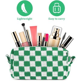 2 Pieces Makeup Bag Checkered Cosmetic Bag Makeup Pouch Travel Toiletry Bag Organizer Cute Makeup Brushes Storage Bag with Zipper for Women Girls (Green & Rose red)