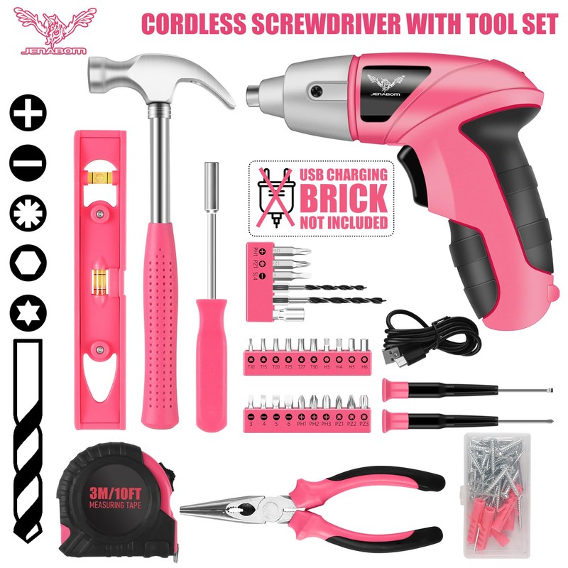 JENABOM Cordless Screwdriver Rechargeable 3.6V, Pink Tool Kit with Small