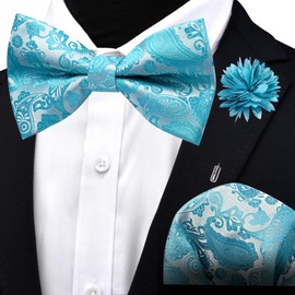 Branduce Turquoise Blue Bow Tie for Men Wedding Silk Paisley Bowties Pocket Square and Lapel Pin Brooch Set (BB11-46)