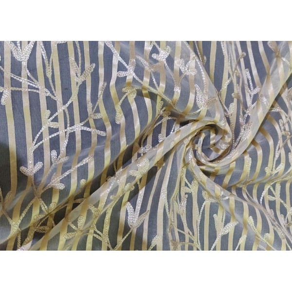 100% Silk Organza Beige Stripe Embroidery Fabric 44" by The