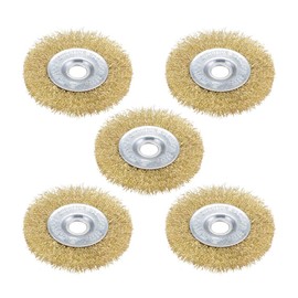 sourcing map 4-Inch Wire Wheel Brush Bench Brass Plated Crimped Steel with 5/8-Inch Arbor Hole 5 Pcs