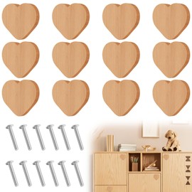 VEGOATY Pack of 12 Cabinet Knobs, Heart Shaped Wooden Handles for Cabinets, Furniture Handles, Drawer Handles, Cabinet Knobs, Wooden Knobs for Dresser Wooden Knobs