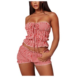 WDIRARA Women's 2 Piece Set Plaid Gingham Ruffle Tube Mini Shorts Outfits, Red, Small