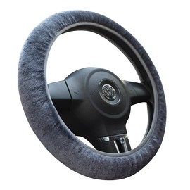 Tianmei Soft Faux Wool Winter Car Stretch-On Steering Wheel Cover (Diameter 13.7in-15.7in,Plush Gray)