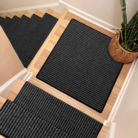 Brakki Bullnose Carpet Stair Treads, Non Slip Landing Mat for Wooden Steps Indoor, Soft Stair Rugs for Pets, Indoor Doormat for Kitchen Bathroom, Washable, 30"x30" 1pc, Black and Grey