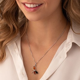 PEORA Genuine Baltic Amber Dragonfly Pendant Necklace for Women 925 Sterling Silver, Rich Cognac, Olive and Honey Colors, with 18 inch Chain