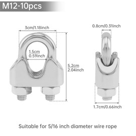 10 pcs 1/2" Cable Clamps Wire Rope Cable Clip Clamp 304 Stainless Steel Wire Rope Clamp U Bolt Saddle Fastener M12(M12(1/2"))