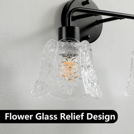 vivihobb Black Bathroom Light Fixture,2 Light Vintage Vanity Light with Embossed Flower Clear Glass Shade,Bathroom Lighting Over Mirror