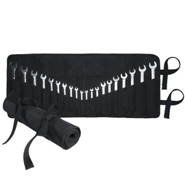 Wrench Bag Roll, Tool Storage Bag with 20 + 4 Tool Pockets, Heavy Duty 16OZ Waxed Canvas Tool Organizer for Wrench Set with Canvas Tie Rope | 84 x 34cm, Black