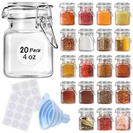 SKOCHE Spice Jars 20 Pack Small 4 oz Glass Jars with Airtight Hinged Lids, Spice Herb Jars with Labels and Silicone Funnels, 4oz Glass Jars with Lids Ideal for Spice Herbs