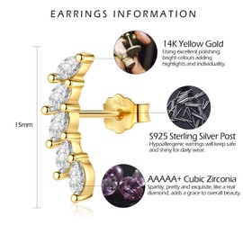 VYYU Gold Leaf Stud Earrings - Sterling Silver, Cubic Zirconia Leaf Climber Earrings for Hypoallergenic Women's Jewellery - Christmas, Birthday, Wedding Gift