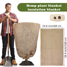 Hahood 8 Packs Winter Burlap Plant Covers Bags 23.6 x 39.4 Inch Large Burlap Sack Plant Blanket with Drawstring Reusable Warm Plant Frost Cloth Cold Freeze Blanket for Outdoor Fruit Tree Potted Plants
