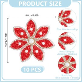 DELORIGIN 10pcs Crystal Flower Pearl Iron On Patch Hotfix Rhinestone Appliques 3.5inch Diameter Bling Rhinestone Dress Belt Embellishment Applique Emblem Patch for Party Dress Backpacks (Red)
