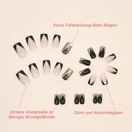 Auriselle Press on Nails Long 24 Pieces French False Long Square Nails Black and Gold Glitter on Nails, Perfect for Manicure at Home