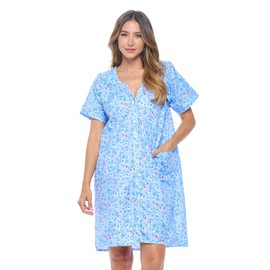 Casual Nights Womens Snap Front House Dress Short Sleeve Woven Housecoat Duster Lounger Robe, Garden Blue, X-Large