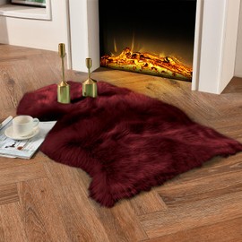 duduta Burgundy Faux Sheepskin Throw Rug 2x3 ft, Fluffy Shag Fur Seat Chair Covers Washable