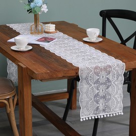 Futupe Table Runner, Lace, White, Floral Pattern, Embroidered, Stylish, Scandinavian Table Center Cross with Tassels, Rectangle, For Home, Table Decoration, Party, Wedding (200, Ball Tassels)