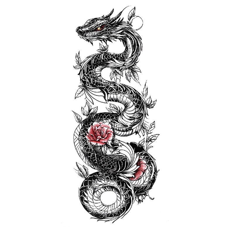2 x Temporäres Drache Tattoo Drachen mit Rosen Tattoo Fake