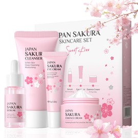 Skincare Set Gifts For Teenage Girls-Sakura Skin Care Sets & Kits With Cleanser Face Serum,Eye Cream,Essence Cream For Blackheads Hydrate Moisturize-Face Exfoliator-Christmas Gifts For Women 4pcs