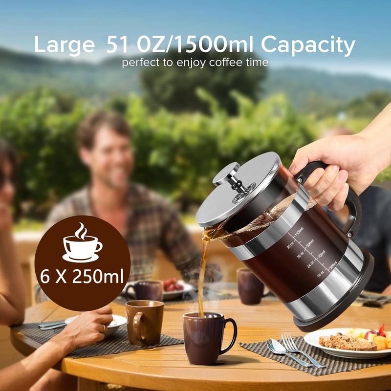 QUQIYSO French Press Coffee Maker 51oz 304 Stainless Steel French