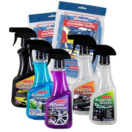 ABRO Professional Grade Car Detailing Kit, Includes Streak Free Glass Cleaner, Wheel Cleaner, 2 Mircofiber Cleaning Towels, Interior & Exterior Wash
