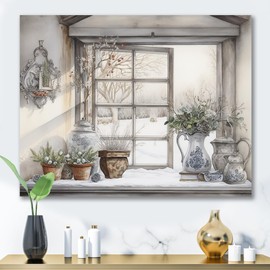 DesignQ scandinavian Oversized Wall art decor, Scandinavian Wall Art, Nordic Winter Window Wonder, beige Canvas wall art, 32x16 inches