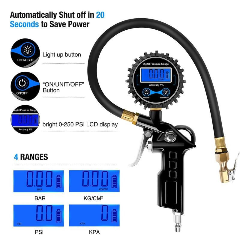 Nilight Digital Tire Inflator Pressure Gauge,250 PSI Air Chuck and