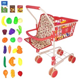 Shopping Cart for Kids, Toy Shopping Cart with Basket & 24pc Food Set Small Shopping Cart Toy, Folding Kids Shopping Cart, Toddler Shopping Cart, (Floral)