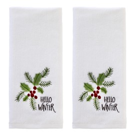 SKL Home Christmas Hello Winter Holly 3D Hand Towel 2pc Set for Bath/Kitchen/Bar & Gift, White