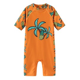 Moon Tree Toddler Boys One Piece Rash Guard Swimsuits for Baby Boys Sunsuits Short Sleeve Sun Protective Bathing Suits Beach Swimwear Orange Pineapple 4T