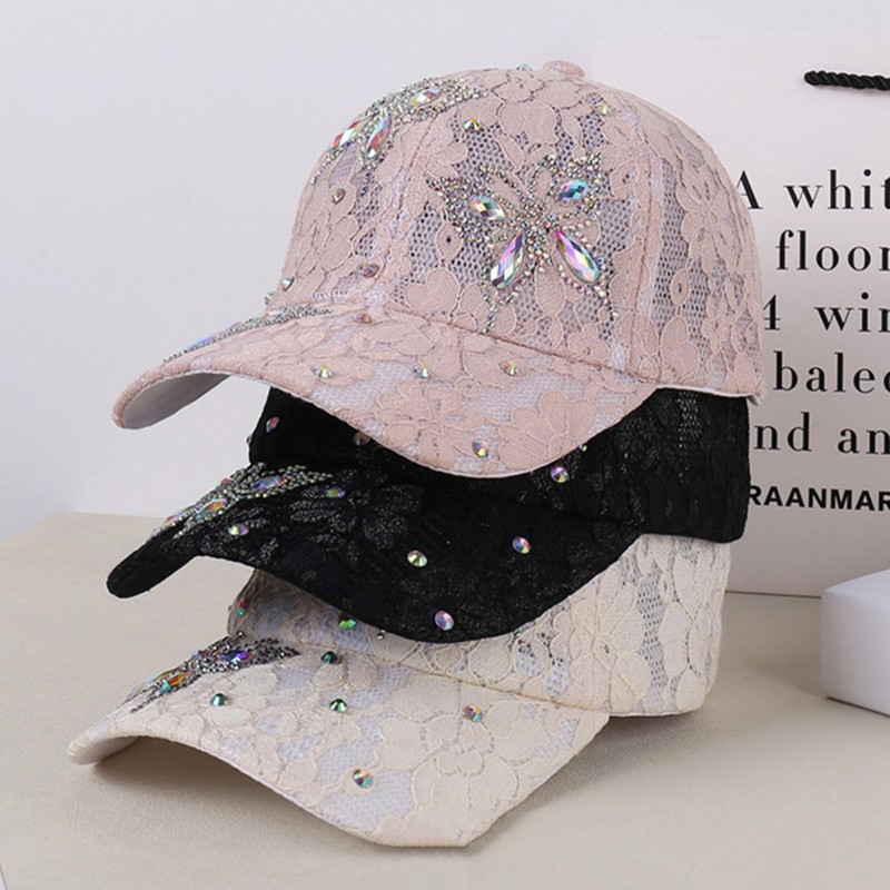 Summer Lace Baseball Cap Women Flower Mesh Rhinestone Butterfly 3D