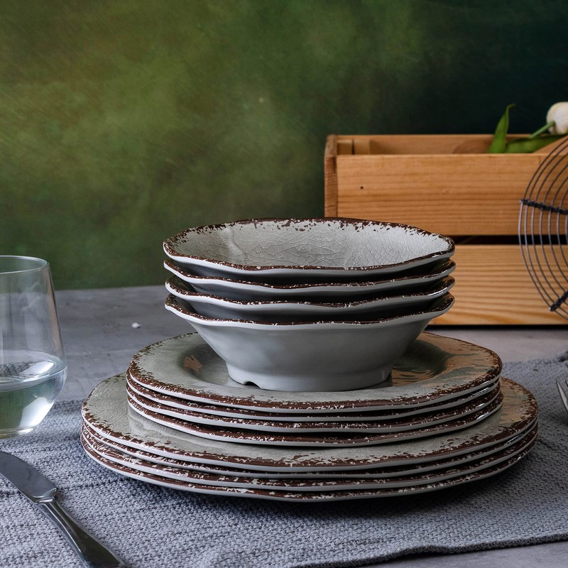 LEHAHA Farmhouse Melamine Dishes Dinnerware Set, 12 Piece Rustic Plates