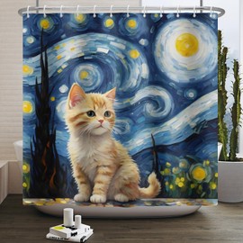 ASDCXZ Cat Shower Curtain 180 x 200 cm, Modern Abstract Art Blue Yellow Oil Painting Cute Cat Bath Washable Shower Curtains Polyester Textile Waterproof Shower Curtain for Bath with 12 Hooks