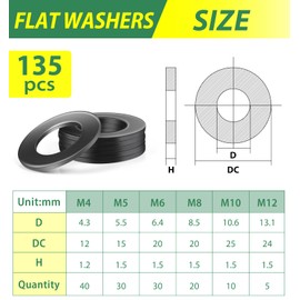 Bolatus Stainless Steel Washers Assortment 6 Sizes, Body Washers M4 M5 M6 M8 M10 M12, Flat Washers Stainless Steel for Screws & Nuts, Pack of 135
