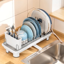 Compact Dish Drying Rack with Utensil Holder – Small Countertop Dish Drainer with 360° Rotating Drain Spout, Stainless Steel Dish Rack for Kitchen Sink, Space-Saving Design for Small Kitchen, White
