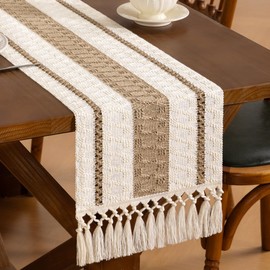 Santaben Brown & Ivory Boho Macrame Table Runner Rustic Farmhouse Woven Cotton Linen Burlap Table Runners with Tassels for Dining & Bedroom Home Decor 12x60 Inches