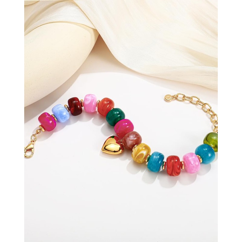 FAUTHENTICUTE Chunky Colorful Beaded Bracelet Gold Heart