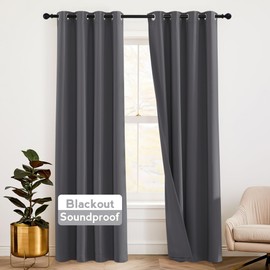 RYB HOME 3-in-1 Soundproof - Blackout - Thermal Insulation Living Room Divider Curtains, Large Bay Window Noise Blocker Curtains for Bedroom Theatre Apartment, Grey, W 52 x L 102 inches, 2 Panels