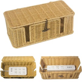 Handmade Rattan Cable Management Box,3 Open Slots Cords Hider Boxs, Safe Practical Cords Holder Functional Cable Organizer, Decorative Cord Hider with Lid, Large Cable Organizer for Desk
