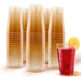 14oz Gold Glitter Plastic Cups (100 Pack), Elegant Party Cups for Birthday Parties, Weddings, and Holidays, Fancy Disposable Cocktail Glasses, Clear and Gold Cups, Bulk Wine and Mimosa Cups