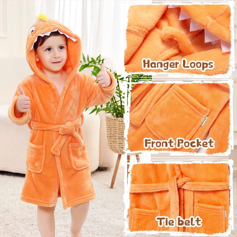 LOLANTA Children's Fleece Dinosaur Bathrobe Plush Hooded Bathrobe for 1-8