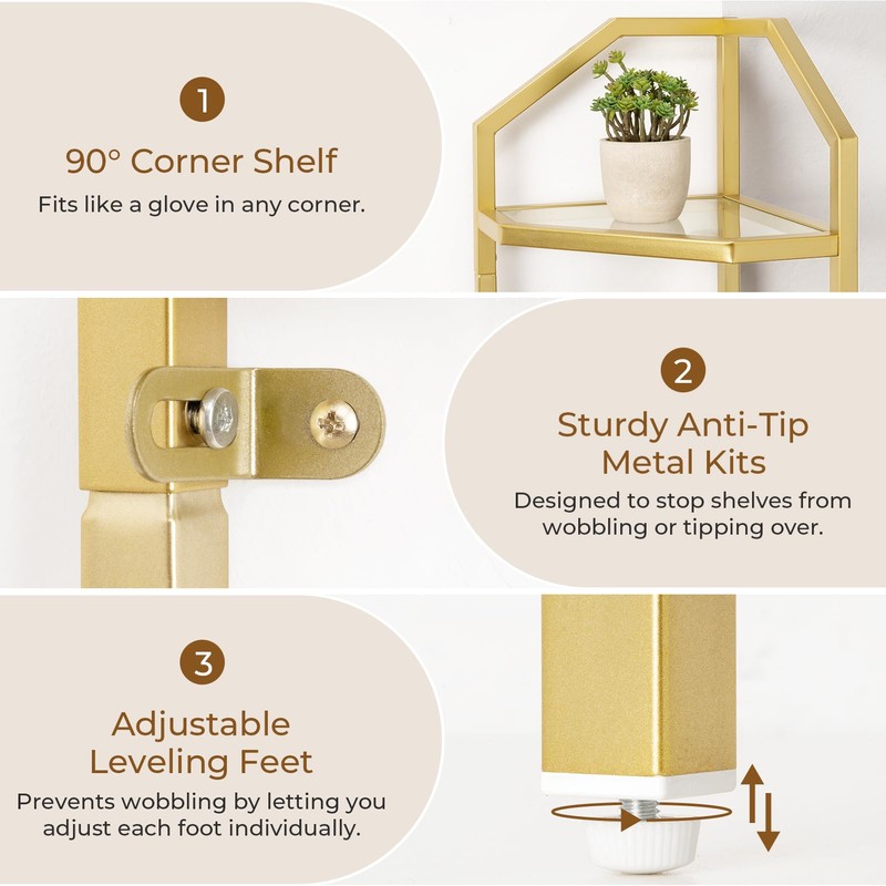 5 Tier Corner Shelf Stand, Gold Metal Frame Corner Shelf