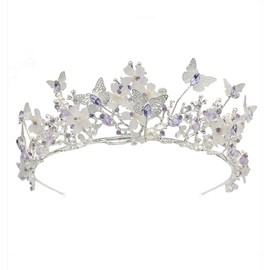 Yunyuebridal Corona de novia con perlas barrocas de diamantes de imitación y tiara, diadema de mariposa, accesorios para el cabello de boda, corona de princesa, tiaras de novia, One Size, Metal, Perlas, diamantes de imitación
