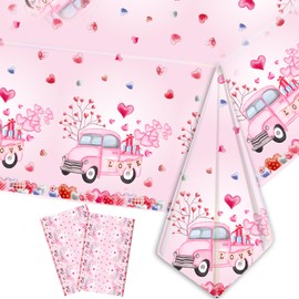 COSORO 137 * 274cm Valentines Day Tablecloths Party,2pcs Valentines Table Cloth Plastic Pink Red Heart Rectangle Waterproof Table Cover for Valentine's Day Decoration Wedding Anniversary Party Decor