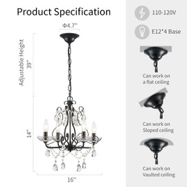 WUZUPS Crystal Candle Chandelier Pendant Flushmount Ceiling Light Modern Lighting Fixture for Bedroom Hallway Bar Kitchen Bathroom, H 14" x W 16", Black, E12 Base